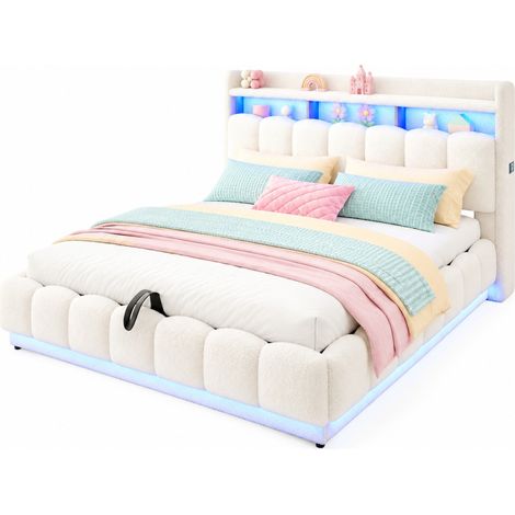 Lit coffre 180 x 200 avec rangement hydraulique, LED, USB et tête de lit capitonnée en tissu bouclette blanc, structure métal, pour chambre moderne CHICFURN (1/5)