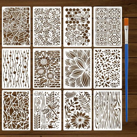 12 Pièces Pochoirs de Grain de Bois avec un Pinceau 21x29,7cm Pochoirs de Peinture de Texture Murale Gabarits de Dessin Abstrait Toile Araignée Fleurs pour Mural Bois Tissu Meuble Décor (1/5)