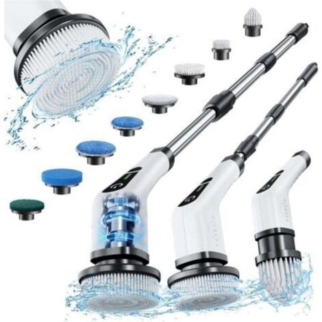 Brosse Electrique Nettoyage Rotative, Brosse de Nettoyage sans Fil avec 8 Têtes de Brosse Remplaçables, Electric Spin Scrubber avec Poignée Réglable de 137cm pour Salle de Bain Cuisine Voiture