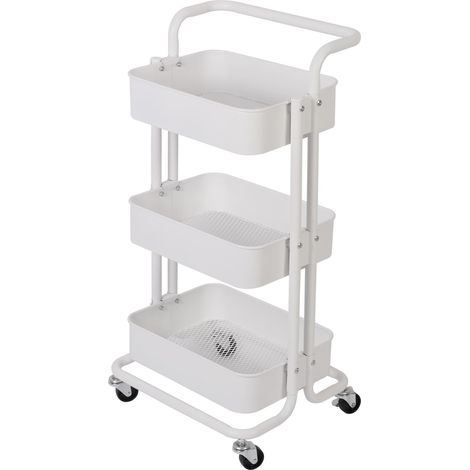 Bc-elec - HT2-SH3M-WHITE Carrello di servizio con ruote metalliche, carrello da cucina, carrello da bagno, carrello a 3 stadi con freni