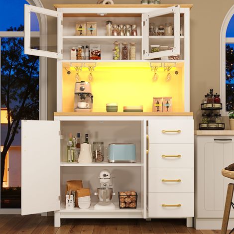 Buffet de cuisine 105.5x40x180cm, LED App, rangement abondant, MDF robust, Blanc (1/5)