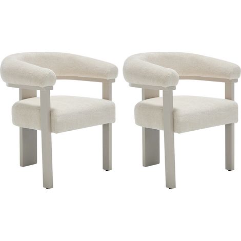 Lot de 2 chaises avec accoudoirs en tissu texturé et bois d'hévéa beige - Crème - LIVELIA (1/4)