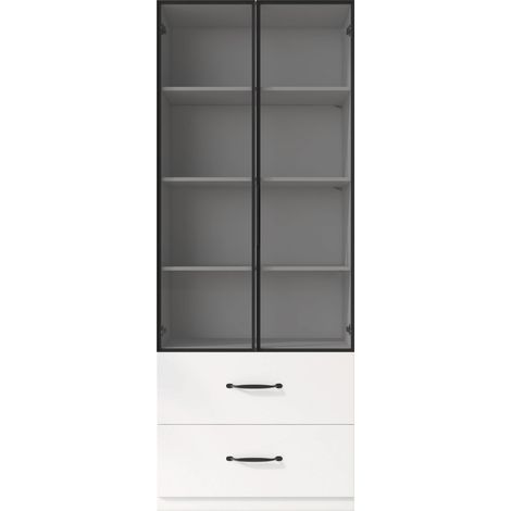 Vetrina LED 60x40x160 cm in truciolato, ante in vetro temperato e cassetti, bianca MODENUIT (1/5)