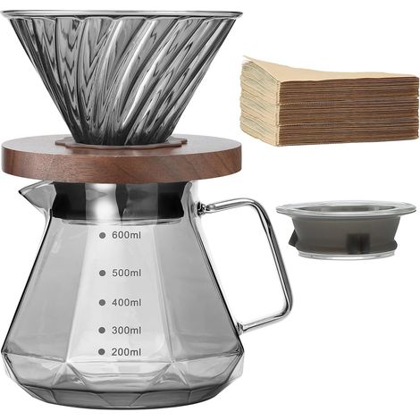 Pour Over Coffee Maker, 600ml Borosilicate Glass Carafe with Size 02 Paper Filter (100 Sheets), Walnut Handle and Coffee Maker Lid, Grey