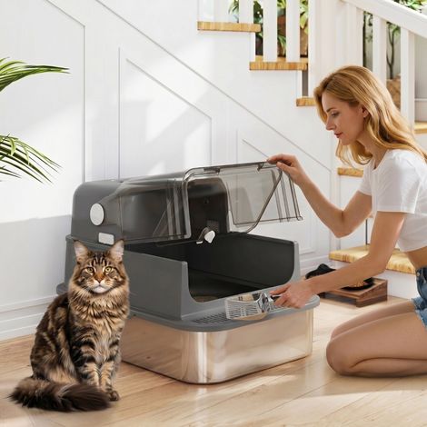 Bac à litière en acier inoxydable avec couvercle, XXL 72L pour grands chats et plusieurs chats, avec double porte, pelle, pédale et fonction anti-fuite. (1/4)