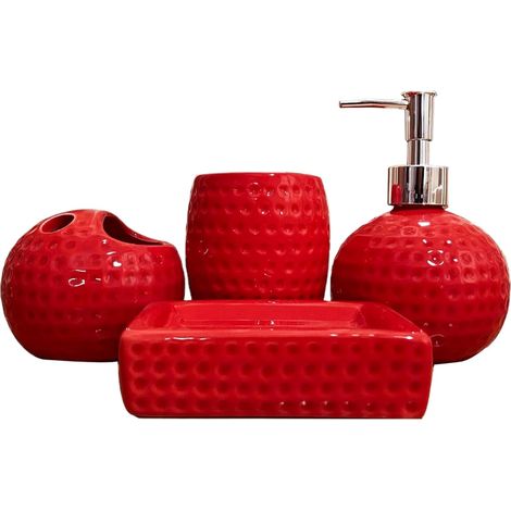 Ensemble 4 Pièces Accessoires Salle De Bain, Céramique Rouge, Porte-Brosse À Dents, Gobelet, Distributeur Lotion, Porte-Savon, Décoration Noël (1/5)