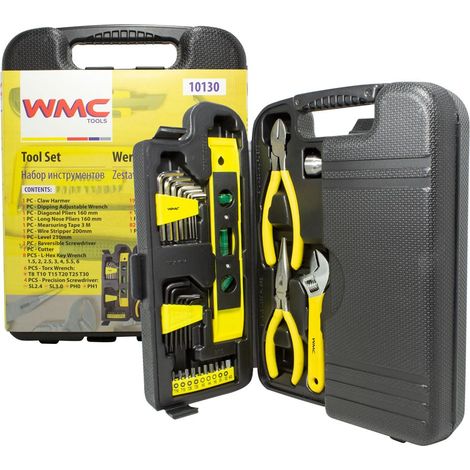 WMC TOOLS Juego de herramientas universales de 130 piezas en maletín, indispensable para reparaciones domésticas, mantenimiento y proyectos de construcción