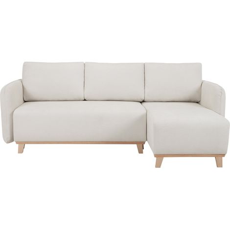 Divano letto angolare reversibile 3-4 posti in tessuto effetto velluto testurizzato beige e legno chiaro ROMANE (1/4)