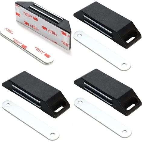 Set of 4 Self-Adhesive Magnetic Catches - No Drilling Required - Door Magnets for Furniture, Magnetic Closure - Black (1/5)