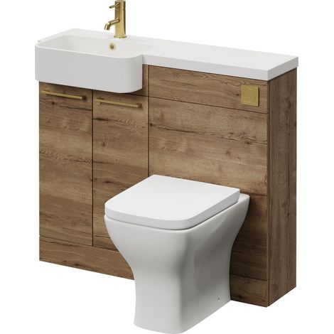 Napoli 250 Tobacco Oak 1000mm 2 Door Vanity Unit Toilet Suite with Left Hand Round Rico Semi Recessed Basin - 1000mm - Brushed Brass 160mm HandleWith Kingston Toilet Pan and Seat
