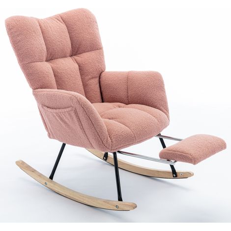 Chaise berçante en tissu teddy rose avec repose-pieds pliable, dossier haut rembourré, structure bois et métal, pour salon, chambre ou bureau, confortable et moderne - CHICFURN (1/5)