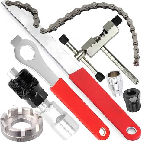 Set di 7 attrezzi per la riparazione e la manutenzione della bicicletta, comprendente smagliacatena, smagliacatena, chiave per pignone, chiave monoblocco, chiave per raggi, chiave per catena e pignone (1/5)