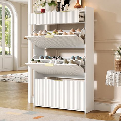 Scarpiera stretta 80x25x135 cm con 3 ante a ribalta e 2 cassetti, bianco, pannello truciolare (1/5)
