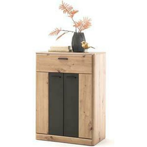 Commode à chaussures en bois coloris chêne / noir - L.69 x H.96 x P.39 cm -PEGANE-