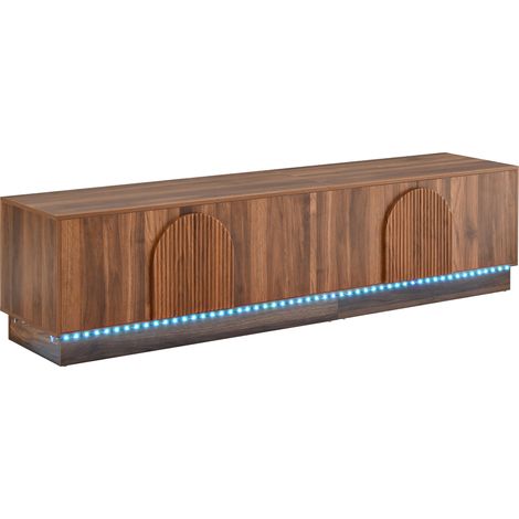 Meuble TV debout en MDF avec 4 portes à décor strié en arc, LED multicolore réglable, finition noyer (1/5)