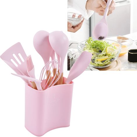 Aufbewahrungseimer mit Holzgriff und Silikon-Küchenutensilien-Set, Antihaftpfanne, Kochlöffel, Pfannenwender und Küchenutensilienhalter, dreizehnteiliges Set. (1/5)