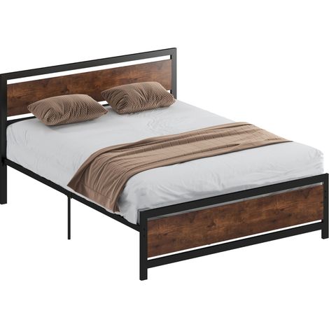 Cadre de lit double 200 x 160 cm en acier avec sommier et tête de lit compatible matelas aspect bois foncé (1/5)
