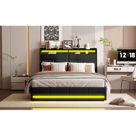 Lit coffre hydraulique 160x200 cm en simili cuir noir, bandeau LED tête et pied (1/5)