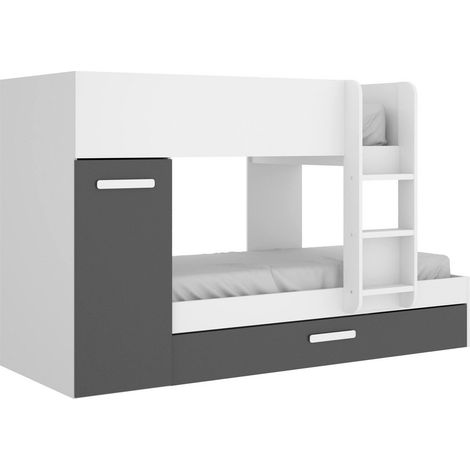 Dmora - Cama infantil Eiger, Dormitorio completo con armario y cajonera, Composición litera con dos camas individuales, 244x112h150 cm, Blanco y Antracita