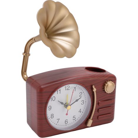 Réveil gramophone vintage en plastique, imitation phonographe, à piles, décoratif, pour table de chevet ou bureau, couleur imitation bois (1/5)