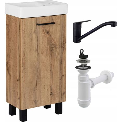 Meuble de Salle de Bain avec Lavabo 40 cm – Chêne Wotan, Robinet Pivotant, Siphon Inclus