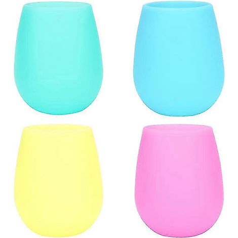 Lot de 4 verres à vin en silicone incassables et réutilisables, pouvant être congelés, pour les fêtes et les pique-niques (bleu, rose, jaune, vert). (1/5)