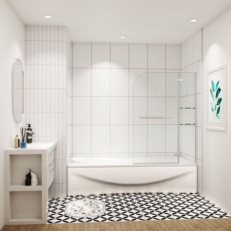 [PRODUIT D'OCCASION]Pare-baignoire pivotant 120x140cm écran de baignoire pivotant à 90°， paroi de baignoire ne verre securit, avec porte-serviette, 2 étagères