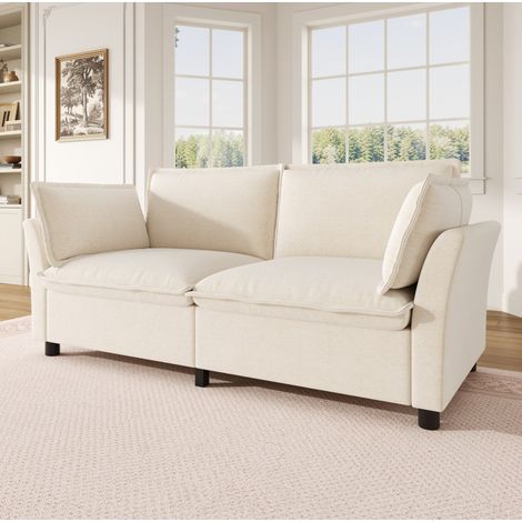 Canapé 2 places en chenille beige 155 x 81 x 87 cm, avec 2 coussins d’accoudoir (1/5)