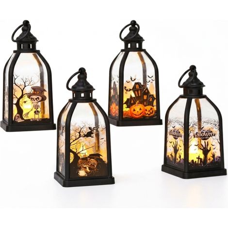 Irovami Lot de 4 lanternes décoratives LED pour Halloween – Lanterne carrée noire en métal, à piles, idéale pour les fêtes de table. (1/5)