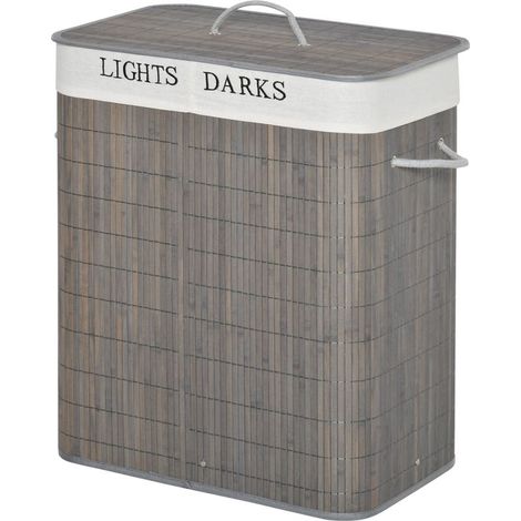 Panier à linge 100L avec 2 bacs bambou pliable couvercle poignée avec Sac amovible et lavable gris (1/5)