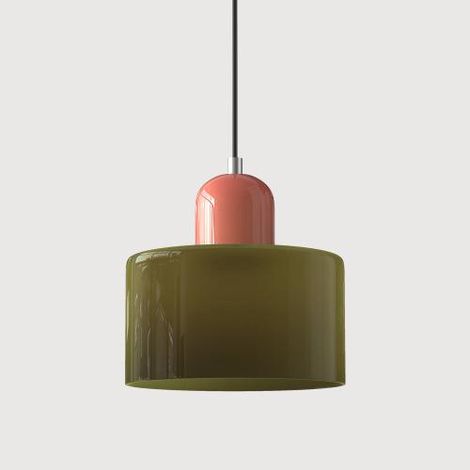 Petit lustre moderne en vitrail réglable, idéal pour une chambre, 15 cm de diamètre - douille rose + abat-jour vert. (1/5)