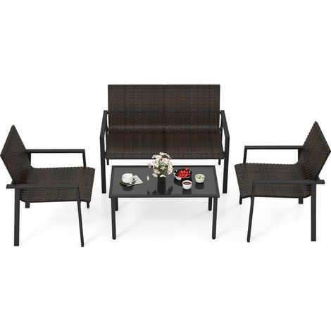Résine tressée salon de jardin 4 pièces avec table basse verre trempé assise ergonomique pour balcon terrasse (1/5)