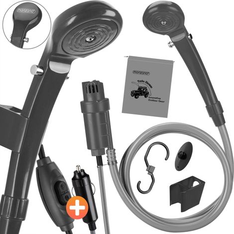MONZANA® Campingdusche tragbar mit Pumpe 12V KFZ-Adapter Aufbewahrungstasche 2m Schlauch 5m Stromkabel Auto Hundedusche Gartendusche Dusche anthrazit (1/5)