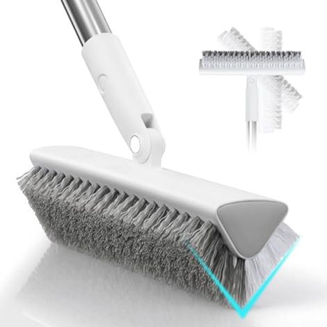 Brosse à récurer à long manche avec tête pivotante à 180° - Design double face - Poils rigides et robustes pour douche, baignoire, patio, terrasse - Poteau de 120 cm (blanc) (1/5)