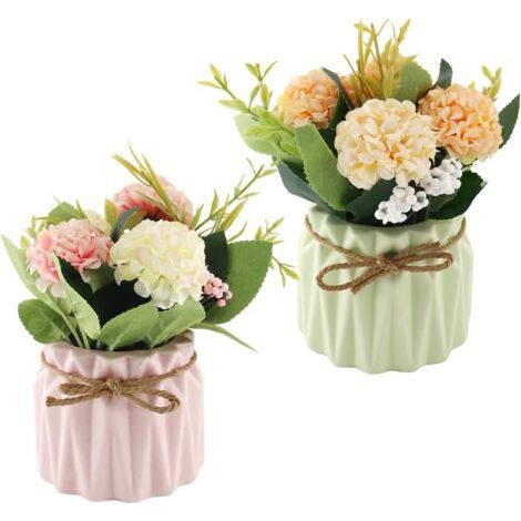 Fleurs Artificielles en Pot avec Vase en Céramique, 2 Pièces Fleur Artificielle en Pot Deco Maison, Convient pour Les Mariages, Les Bureaux et Les Tables à Manger, Rose, Vert (1/5)