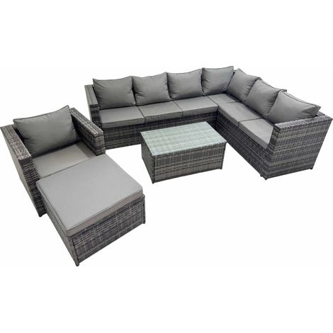 Fimous Patio Sofa Oblong Coffee Table Set Rattan Garden Furniture Set with Big Stool Chair Dark Grey Mixed (1/5)