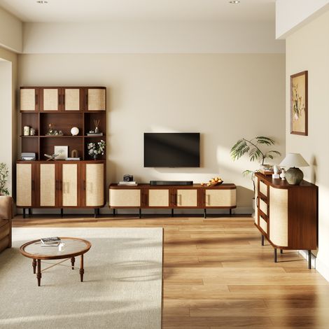 Conjunto de muebles de salón - mueble tv 180cm aparador 120cm y vitrina alta 120cm - estilo moderno efecto rejilla mdf y metal - marrón nogal (1/5)