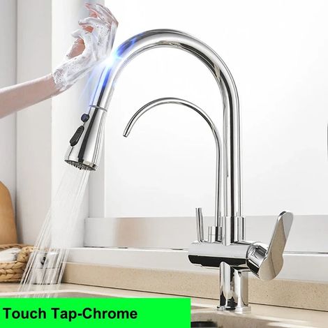 (9139--touch-chrome-G1/2) Nouveau robinet de cuisine tactile avec filtre, mitigeur thermostatique eau chaude/froide à douchette extractible et capteur d'eau pure. (1/5)