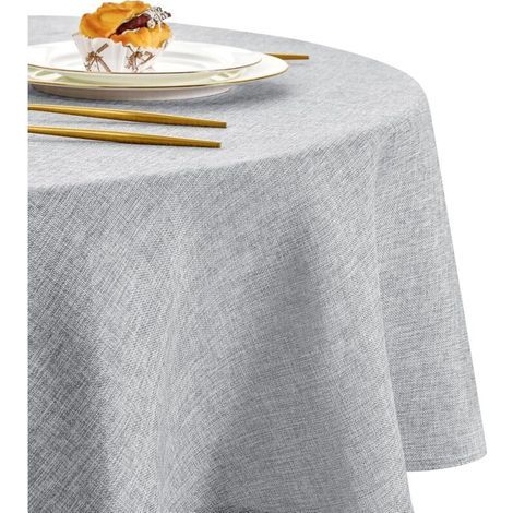 Runde Tischdecke 140 cm, khaki, Leinen-Baumwoll-Mischgewebe, waschbar, fleckenabweisend, mit Quasten und Streifenstickerei, für Geburtstag, Hochzeit, Esszimmer und Couchtisch (1/5)