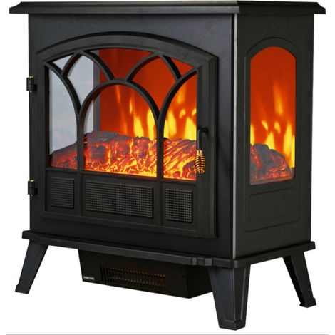 Cheminée électrique portable 1850W  Poêle électrique sur pied avec 3 faces vitrées  Effet flamme multicolore réglable & Thermostat