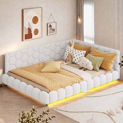 Cama de adulto cama plana de tela blanca 140x200 cm con somier de lamas y cabecero acolchado cama doble luces LED y USB (1/5)