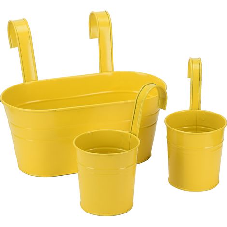 Juego de macetas colgantes amarillas para vallas exteriores, con ganchos, para uso doméstico. (1/4)