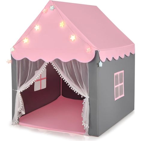 COSTWAY Carpa para Niños con Colchoneta Lavable, Luces con Forma de Estrella, Ventanas, Carpa Castillo de Hadas (1/5)
