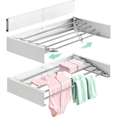 Étendoir Mural Rétractable 80 cm, Blanc Étendoir mural rétractable et rabattable, peu encombrant pour salle de bain, balcon, terrasse ou extérieur. (1/5)
