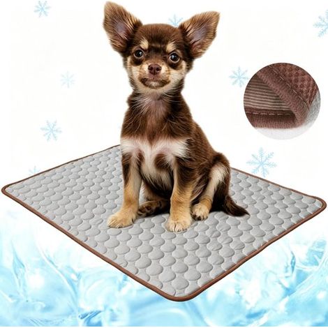 Alfombrilla refrescante para mascotas de 100x75cm, sin gel, de seda helada, transpirable, auto-refrescante, manta para jaula de verano, color marrón. (1/5)