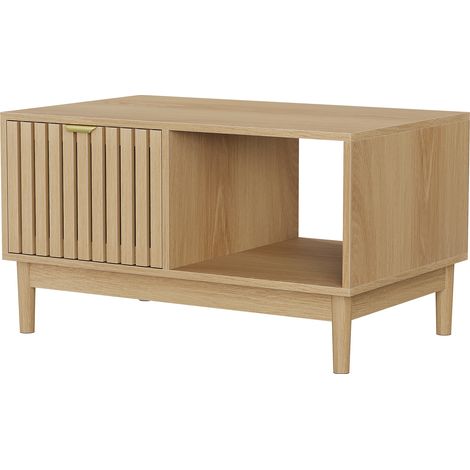 Table basse 80 cm style mid-century moderne avec niche, étagères ouvertes et tiroir, en bois clair, idéale pour petit salon, pieds en bois, CHICFURN (1/5)