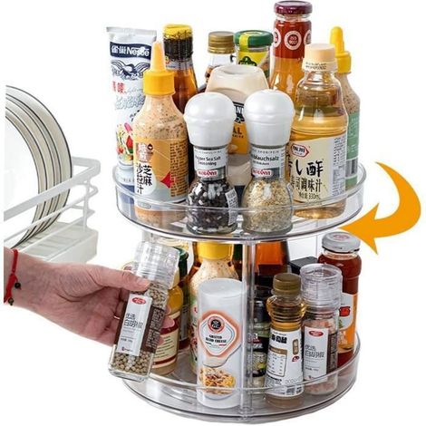 Plateau Tournant en PET - 2 étages Rangement Epices Cuisine - Rotatif à 360 Range Epices - pour Placard, Frigo,Comptoir