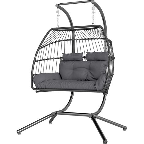 Rattan Double Hanging Egg Chair Stand, Foldable Wicker Swing Egg Chair Cushion, Head Pillows, Steel Frame, Hammock Chair for Indoor Outdoor, Capacity 260 kg, Dark Grey (1/5)