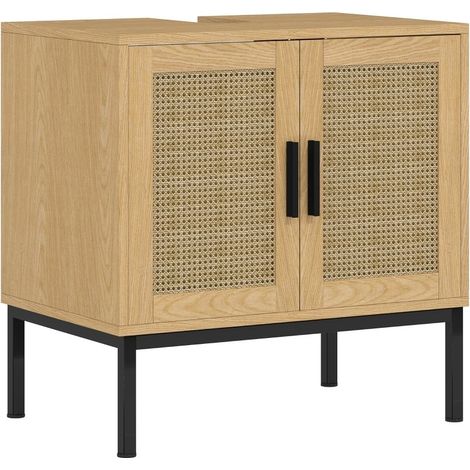 Mobile sottolavabo stile bohémien finitura rovere, decorato con elementi in rattan. Dotato di intaglio a forma di U per adattarsi sotto il lavabo