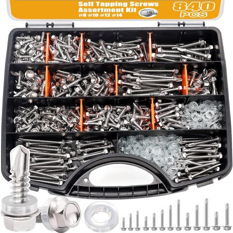 840pcs Vides d'auto-tape pour métal, Kit d'assortiment de vis en acier inoxydable 410, tête de rondelle hexagonale Vide d'auto-perçage à tape rapide avec rondelle en caoutchouc (420 ensembles) K-189